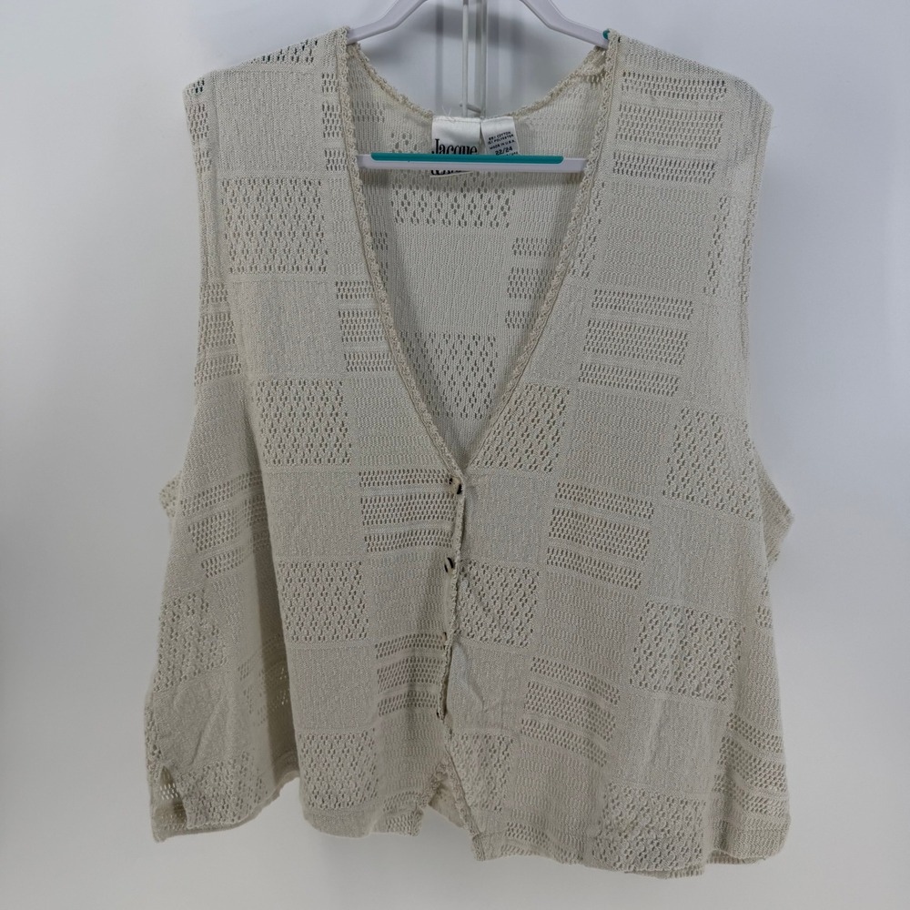 Jacque & KoKo Knit Vest Womens 22/24 Cream Cotton Button Front Cottage Summer